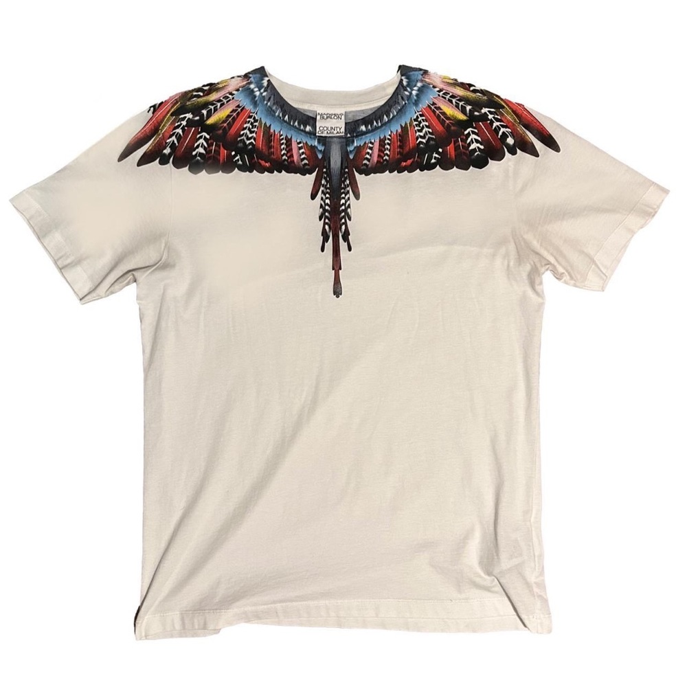 Authenticated Marcelo Burlon Grizzly Wings designer feather print t-shirt